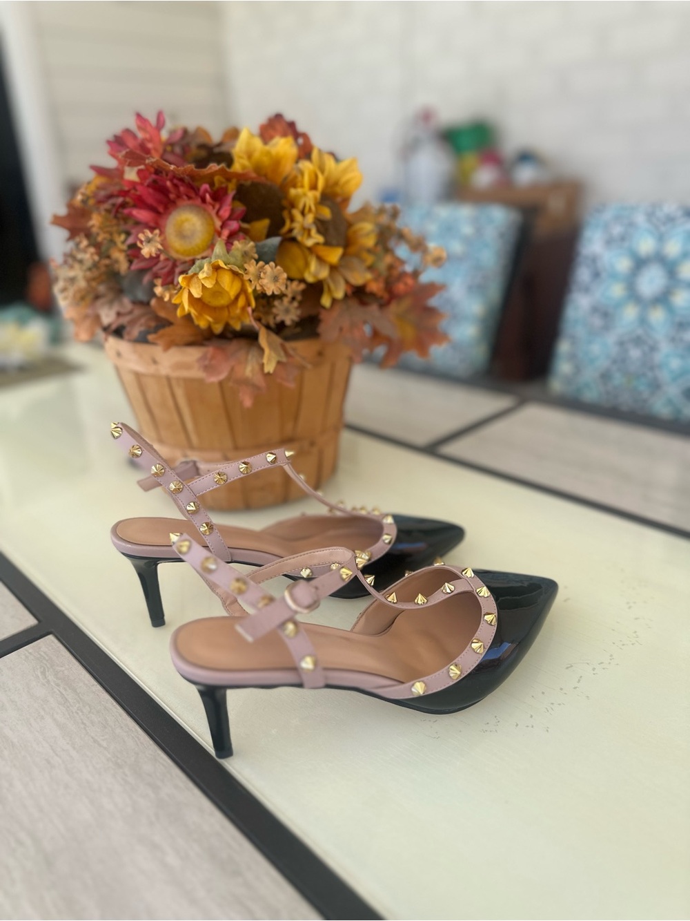 Studded Two-Tone Slingback Kitten Heels - Pink and Black